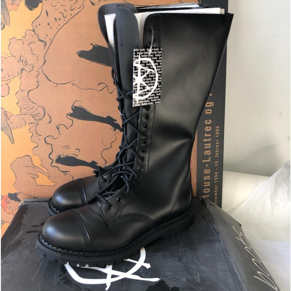 BNIB Black Leather, Steel toe knee-high boots, size 13M